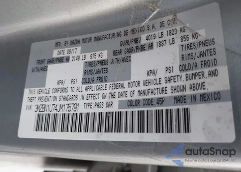 2018 Mazda Mazda3 Sport z USA, uszkodzony, nr VIN 3MZBN1U74JM175791